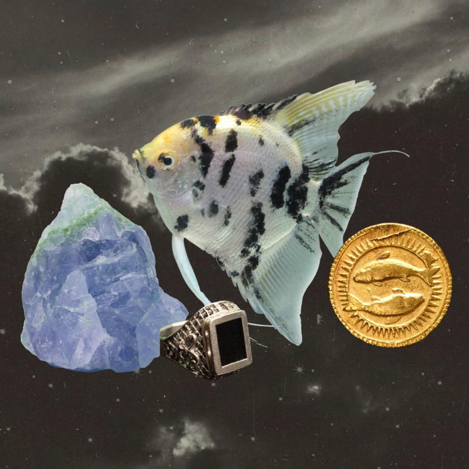 a collage of a fish, a coin, a ring, and a gem