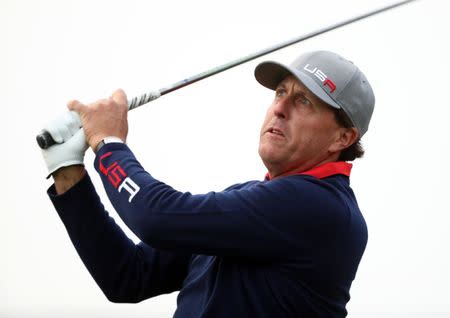 Sep 30, 2016; Chaska, MN, USA; Phil Mickelson of the United States plays his shot from the second tee in the morning foursome matches during the 41st Ryder Cup at Hazeltine National Golf Club. Mandatory Credit: Rob Schumacher-USA TODAY Sports