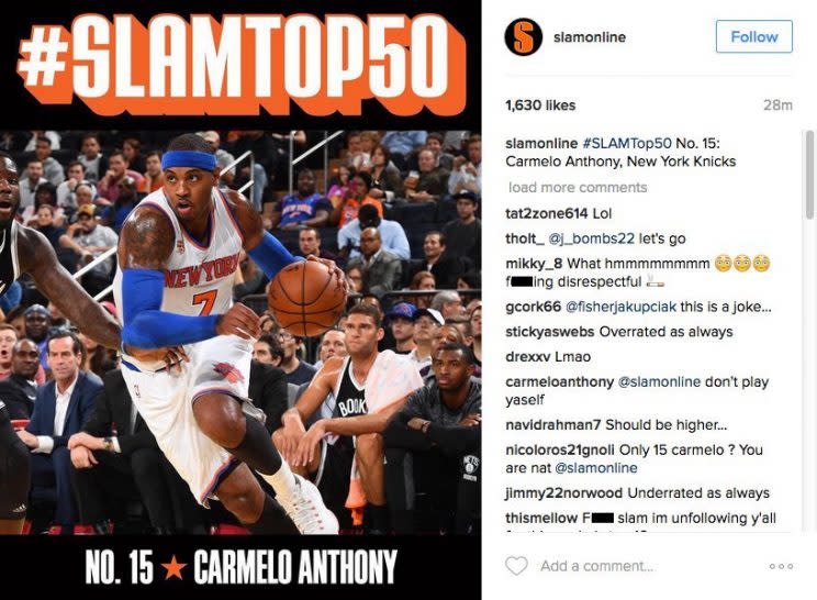 Carmelo Anthony is not pleased with his No. 15 player ranking. (Instagram)