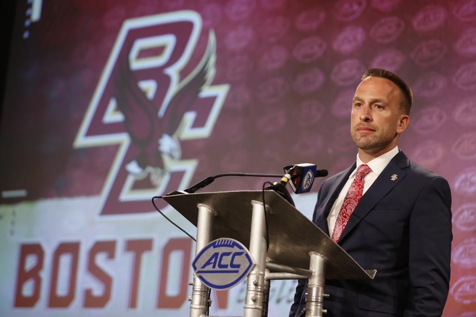 Boston College head coach Jeff Hafley answers a question during an NCAA college football news conference at the Atlantic Coast Conference Media Days in Charlotte, N.C., Wednesday, July 20, 2022. (AP Photo/Nell Redmond)