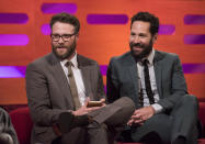 Seth Rogen (left) and Paul Rudd during filming of The Graham Norton Show, at The London Studios, south London, to be aired on BBC One on Friday evening.