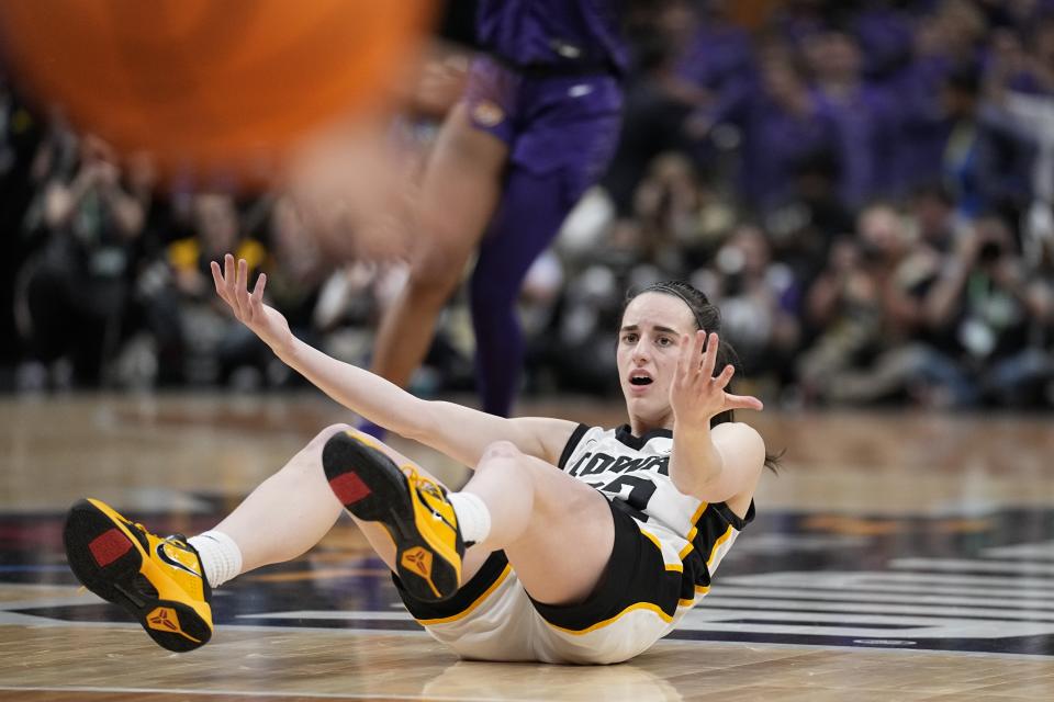 Iowa's Caitlin Clark looks for a call during the second half of the NCAA Women's Final Four championship basketball game against LSU Sunday, April 2, 2023, in Dallas. (AP Photo/Tony Gutierrez)