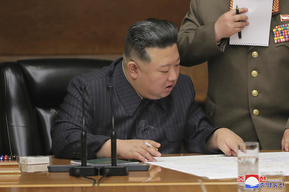 In this photo provided by the North Korean government, North Korean leader Kim Jong Un attends a meeting of the ruling Workers’ Party’s Central Military Commission at its headquarters in Pyongyang, North Korea Monday, April 10, 2023. Independent journalists were not given access to cover the event depicted in this image distributed by the North Korean government. The content of this image is as provided and cannot be independently verified. Korean language watermark on image as provided by source reads: "KCNA" which is the abbreviation for Korean Central News Agency. (Korean Central News Agency/Korea News Service via AP)