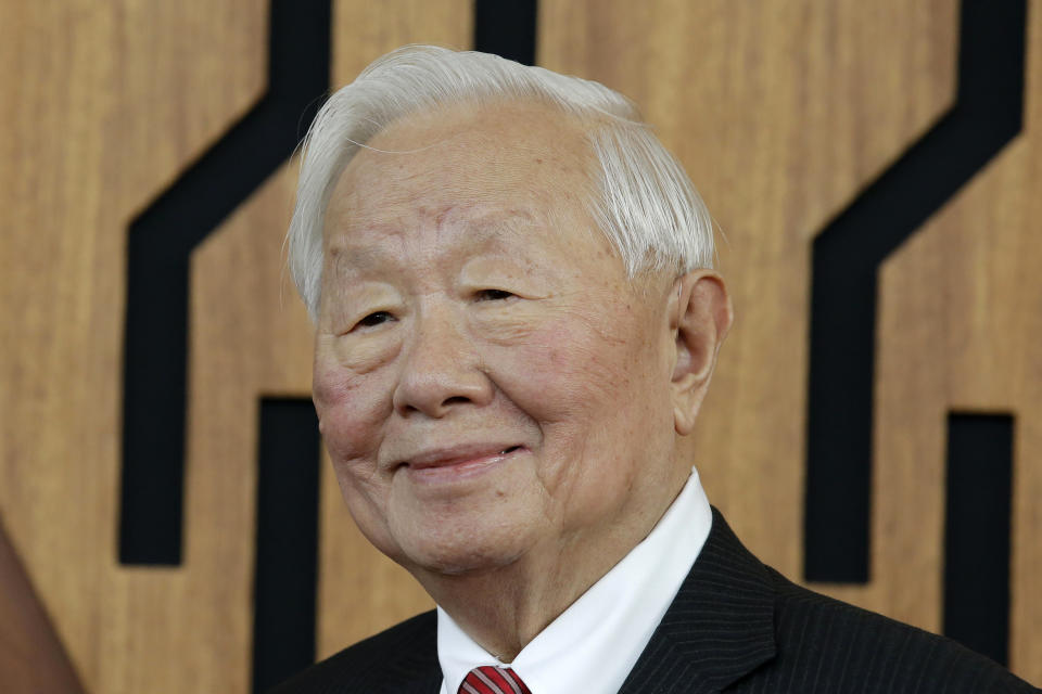 FILE - Taiwan's special envoy Morris Chang, founder of one of the world's largest chip manufacturers TSMC, smiles at the start of the APEC Economic Leaders Meeting at Port Moresby, Papua New Guinea, Saturday, Nov. 17, 2018. Chang, 91, will once again be Taiwan’s envoy at this week's APEC held in Bangkok, Thailand, Nov. 16-19, 2022. (AP Photo/Aaron Favila, File)