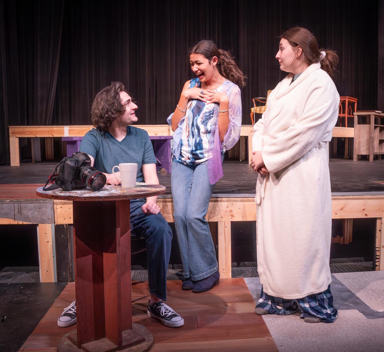 Ben Marn, from left, Summer Schlieckau and Lucie Hodgkins rehearse a scene from Ripon College Theatre Department’s production of Sean Grennan’s “The Tin Woman.”