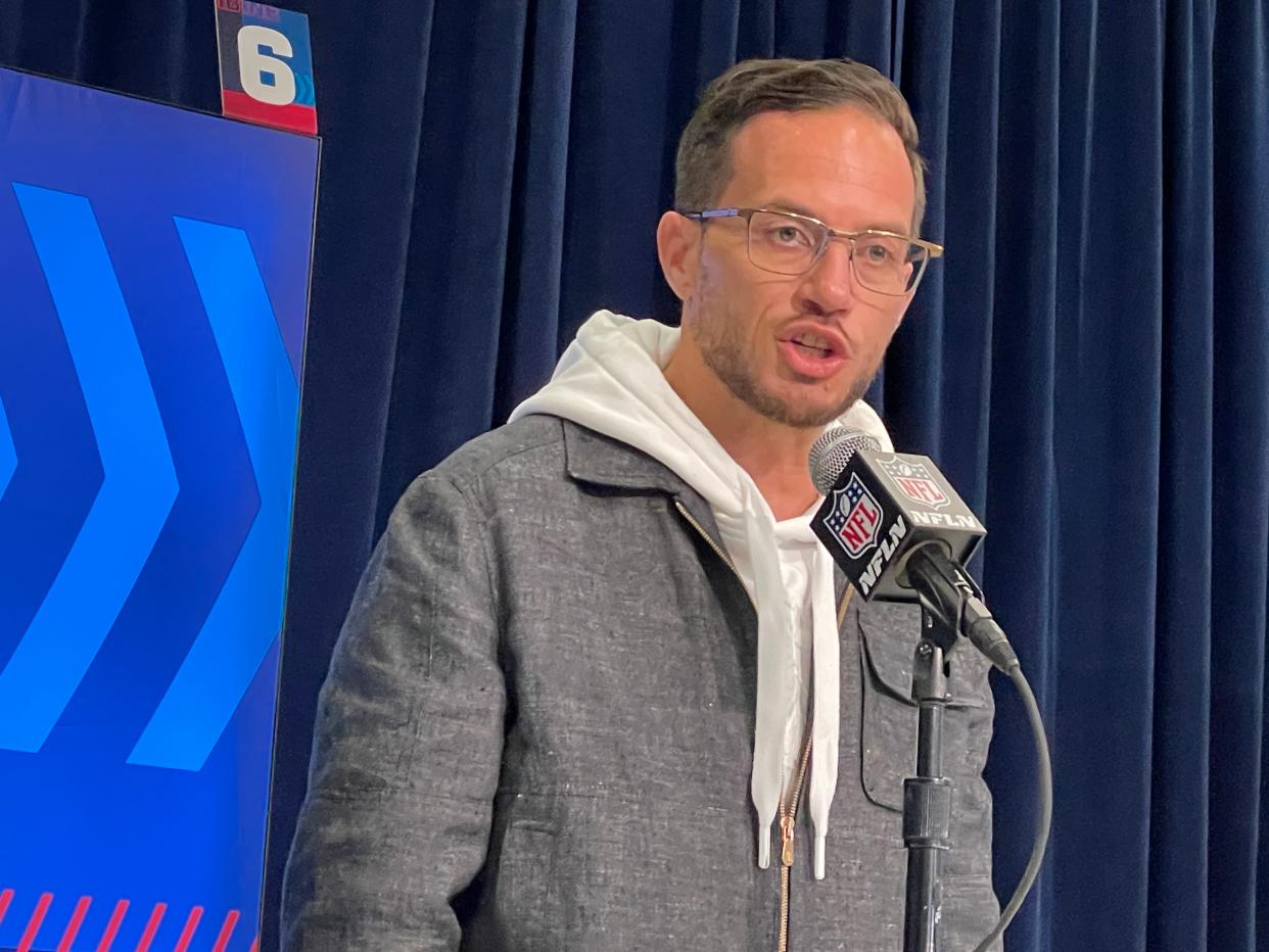 Dolphins coach Mike McDaniel addresses reporters at the NFL Combine in Indianapolis.