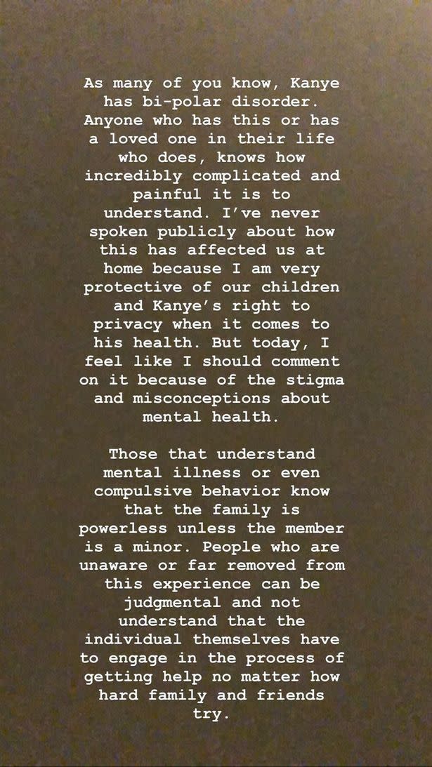 Kim has since spoken publicly about Kanye's mental health battle (Instagram)