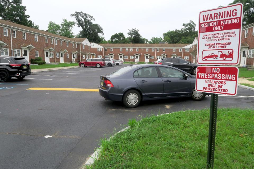 A car pulls into the Montgomery Terrace Apartment complex Thursday afternoon, August 10, 2023. The Monmouth County Prosecutor's Office has called upon the public for information to help solve a shooting there.