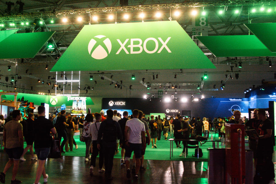 A view of traders is seen in front of the Xbox booth during the opening day of Gamescom at the Cologne Trade Fair Center in Cologne, Germany on August 23, 2023 (Photo by Ying Tang/NurPhoto via Getty Images).