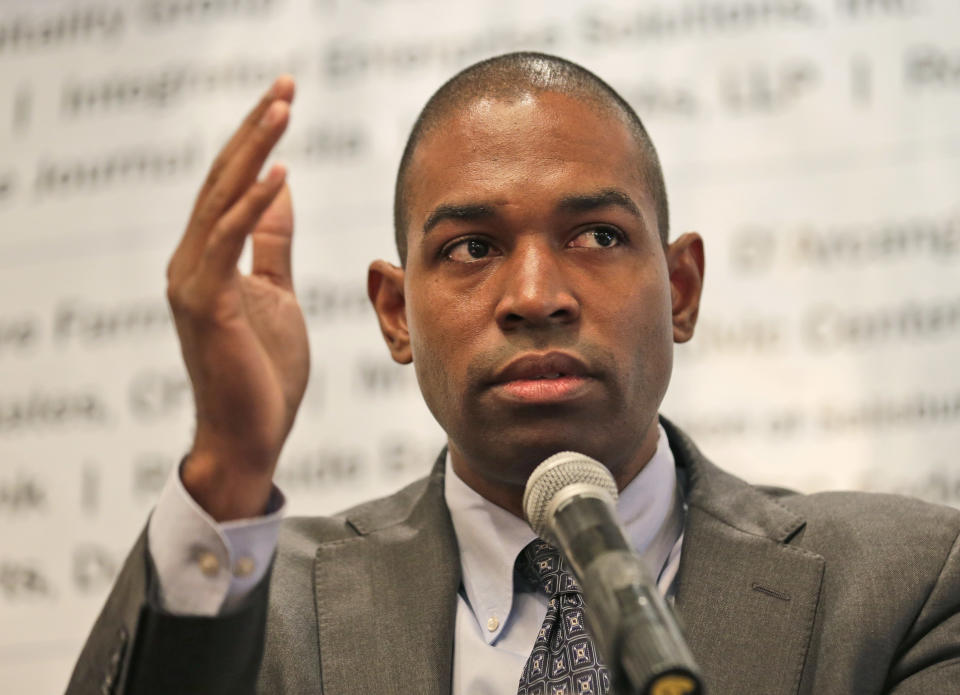 The Democratic candidate for New York's 19th District, Antonio Delgado, speaks during a candidate forum in Poughkeepsie, N.Y., Wednesday, Oct. 17, 2018. Hip-hop, health care and Brett Kavanaugh have emerged as issues in a too-close-to-call congressional race in New York’s Hudson Valley that pits the freshman Republican congressman against a rapper-turned-corporate lawyer seeking his first political office. (AP Photo/Seth Wenig)