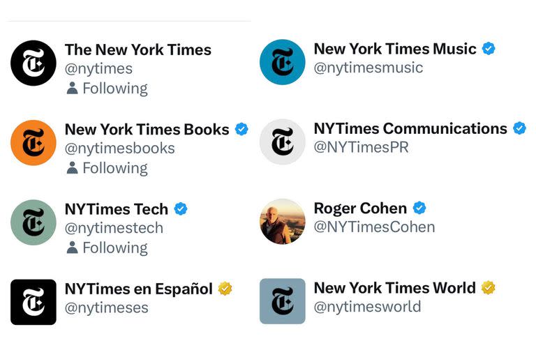 Variantes de la verificación entre la cuenta principal del New York Times (que no tiene) y el resto. La señal dorada es para "organizaciones".