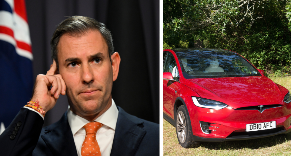 Treasurer Jim Chalmers and a Tesla electic vehicle, which will be cheaper after the Budget.