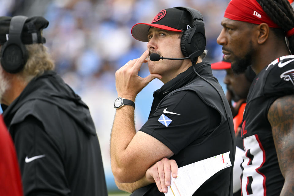 Atlanta Falcons head coach Arthur Smith looks on from the sideline during the first half of an NFL football game against the Tennessee Titans, Sunday, Oct. 29, 2023, in Nashville, Tenn. (AP Photo/John Amis)