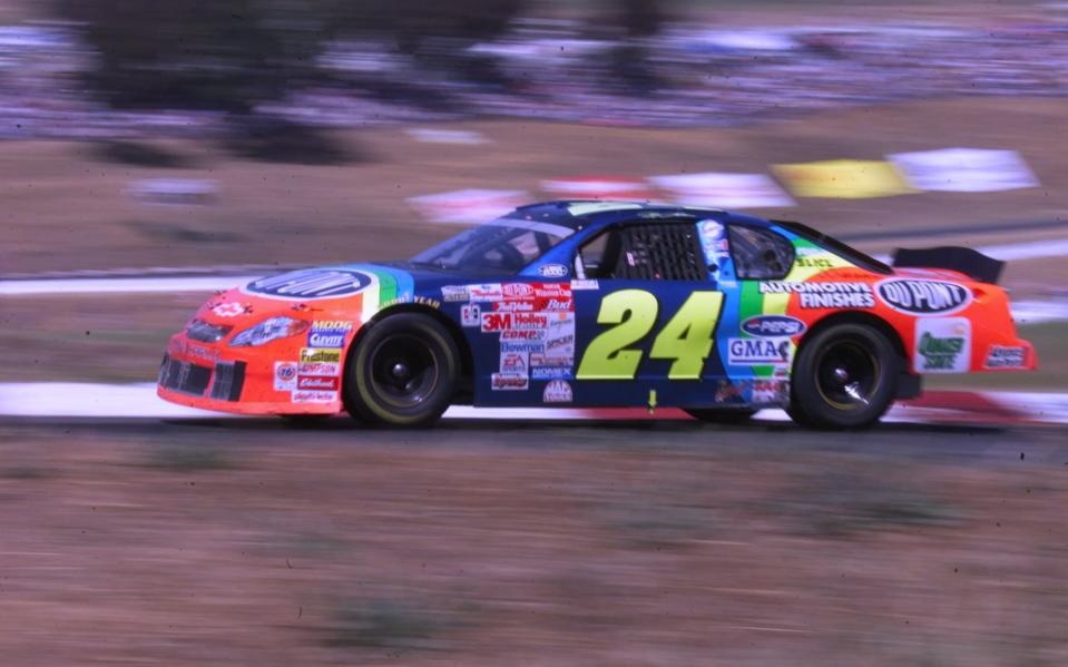 jeff gordon looked strong midway in the save mart kragen 350 nascar race at sears point raceway in sonoma, ca he went on to win the event this was gordon's third consecutive win at sears point raceway and his 6th consecutive