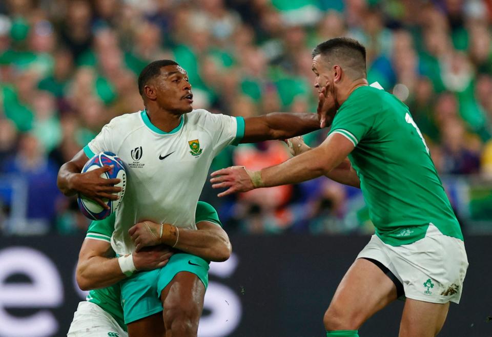 South Africa's Damian Willemse in action with Ireland's Johnny Sexton (Reuters)