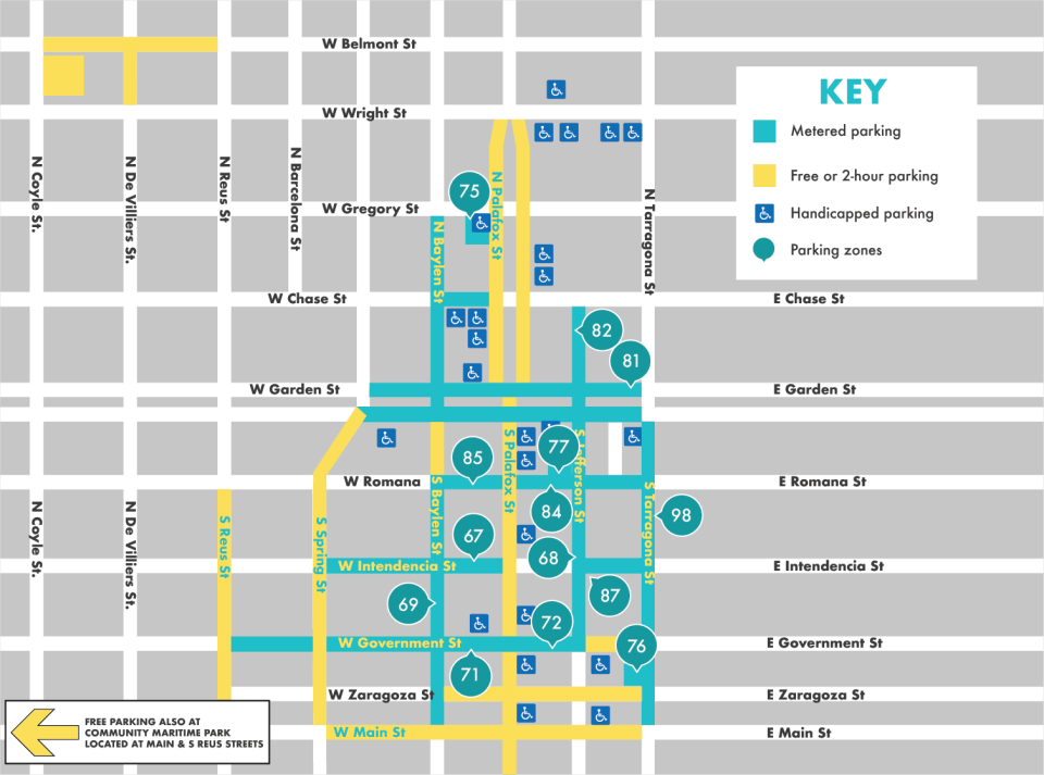 A map of where to find free parking in Downtown Pensacola.