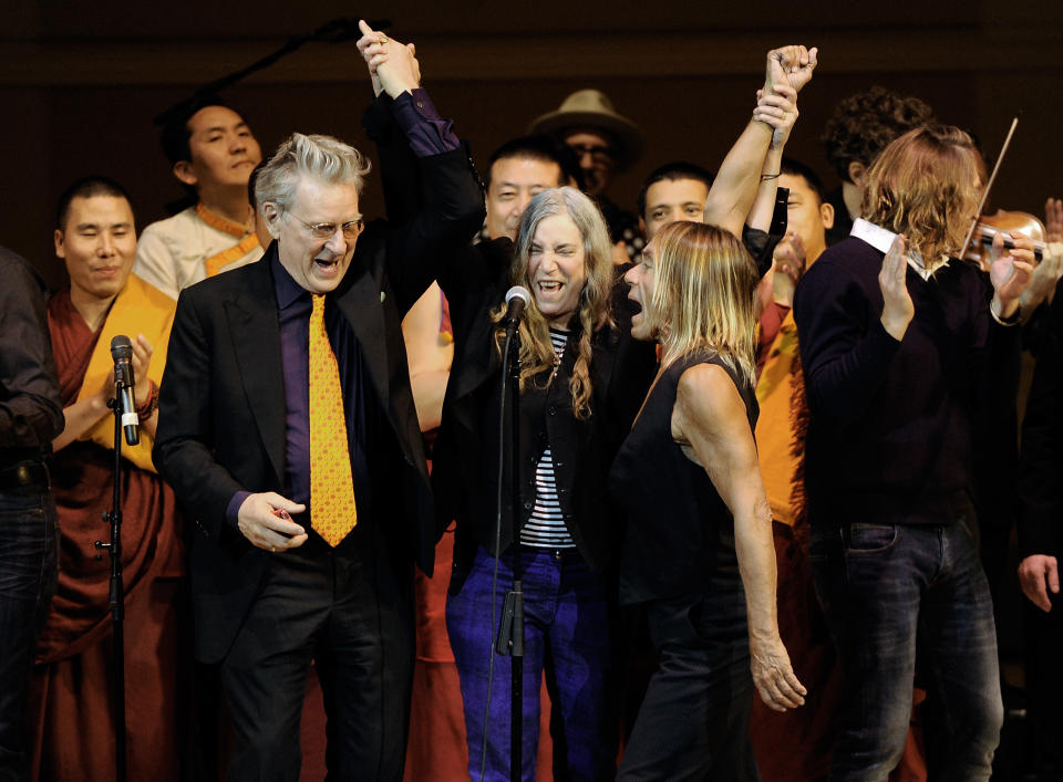 Co-founder of Tibet House U.S. Robert Thurman, left, singer Patti Smith and musician Iggy Pop perform at the 24th Annual Tibet House U.S. benefit concert at Carnegie Hall on Tuesday, March 11, 2014 in New York. Photo by Evan Agostini/Invision/AP)