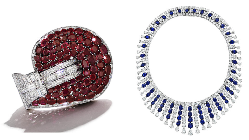 Left to right: Marlene Dietrich's Van Cleef & Arpels bracelet and a 'Watefall' necklace by the jeweler offered in The Magnificent Jewels of Anne Eisenhower auction.