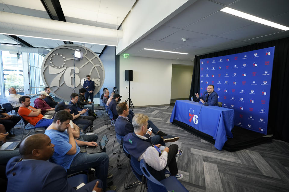 Philadelphia 76ers' Daryl Morey speaks during a news conference at the NBA basketball team's training facility, Wednesday, May 17, 2023, in Camden, N.J. (AP Photo/Matt Slocum)