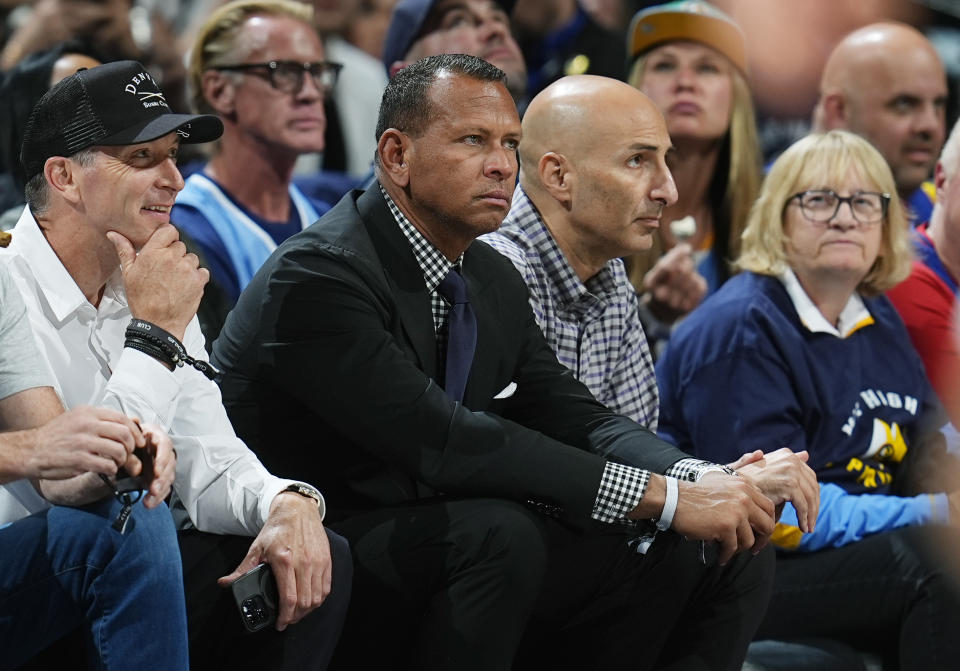 Minnesota Timberwolves minority owner Alex Rodriguez looks on in the second half of Game 1 of an NBA basketball second-round playoff series against the Denver Nuggets Saturday, May 4, 2024, in Denver. (AP Photo/David Zalubowski)