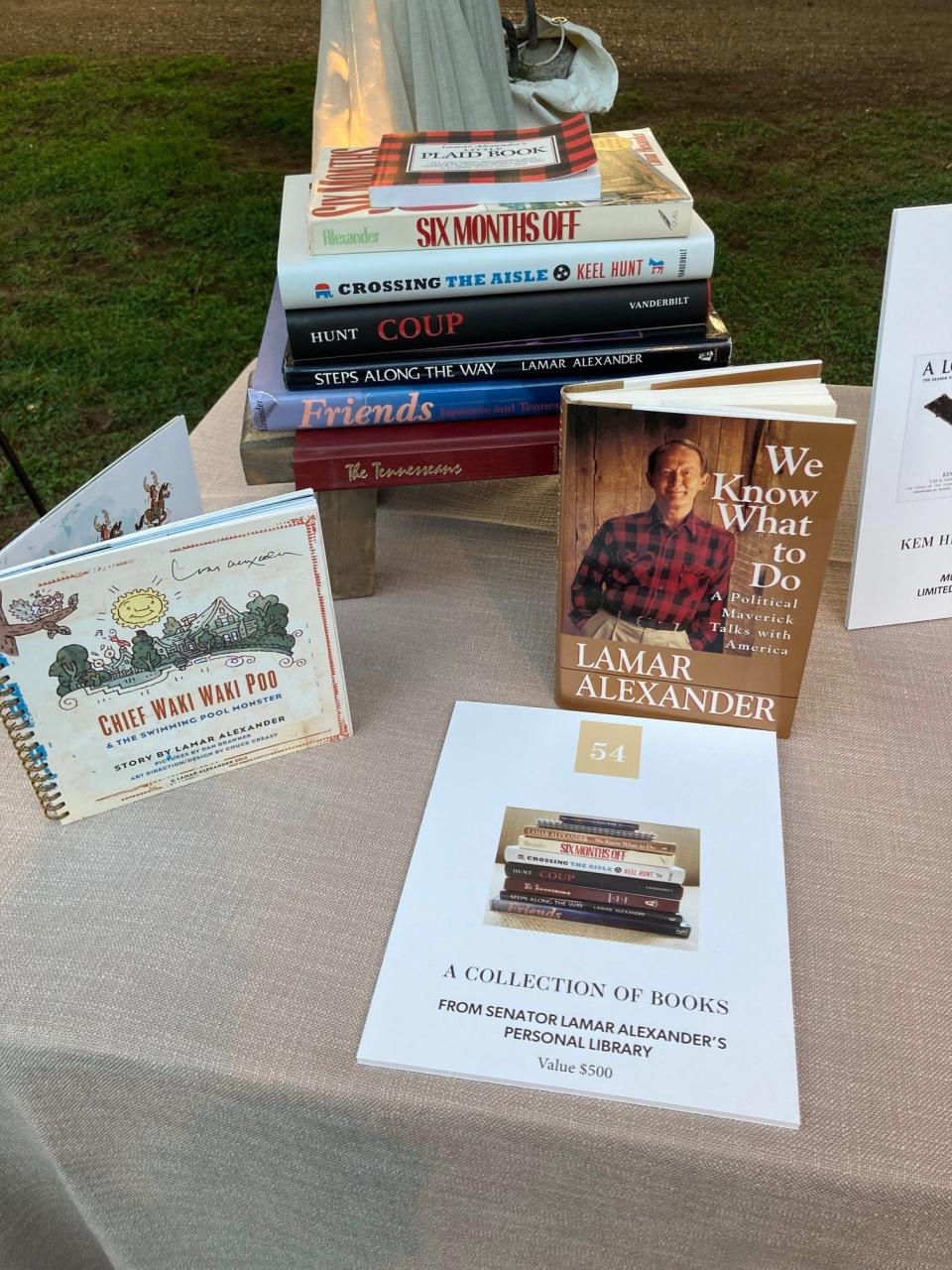 Books from former Sen. Lamar Alexander's personal book collection were among the silent auction items at the annual gala of Andrew Jackson's The Hermitage on Sept. 30, 2023.