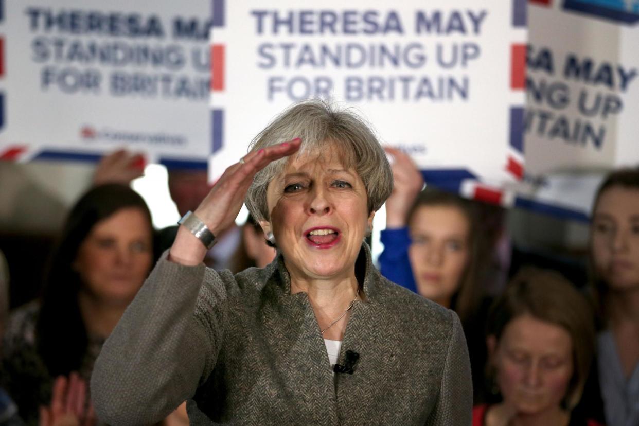 Campaign: Prime Minister Theresa May delivers a speech while in the village of Crathes, Aberdeenshire: PA