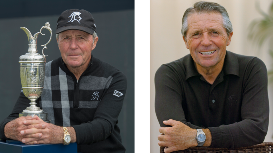 Rolex Testimonee Gary Player in Carnoustie, Scotland with the Claret Jug (left) and at the 2005 Open Championship in St. Andrews, Scotland (right) - Credit: Rolex/Chris Turvey