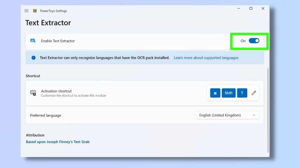 Screenshot showing how to use Windows 11 PowerToys Text Extractor - Enable Text Extractor