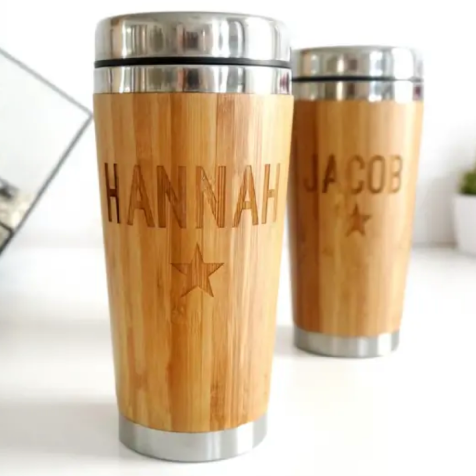 SET OF TWO PERSONALISED COUPLES BAMBOO TRAVEL MUGS from Hard to Find