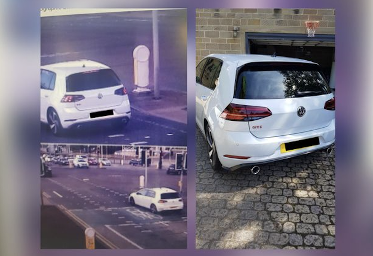 The image on the left shows a car with the same registration plate committing the offence and on the right, is Gary and Clare's white Golf GTI