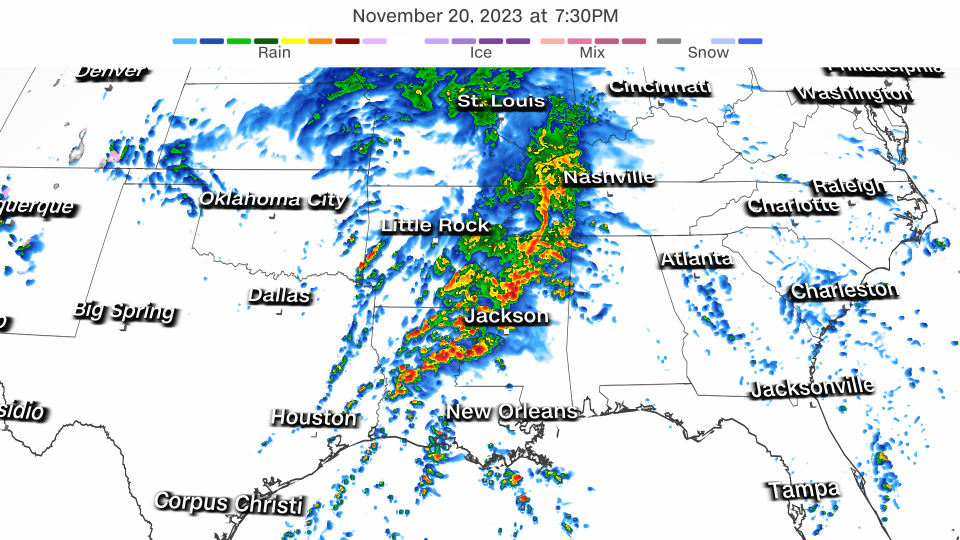 A forecast radar shows strong storms targeting the Lower Mississippi Valley on Monday evening. - CNN Weather