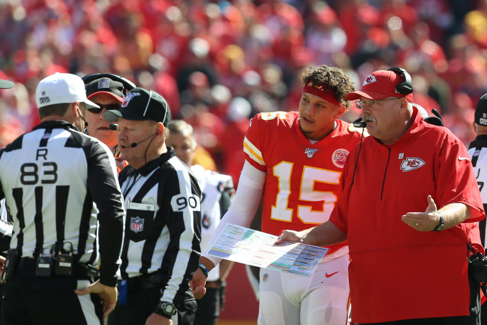 Kansas City Chiefs quarterback Patrick Mahomes and coach Andy Reid have lost two games in a row. (Getty Images)