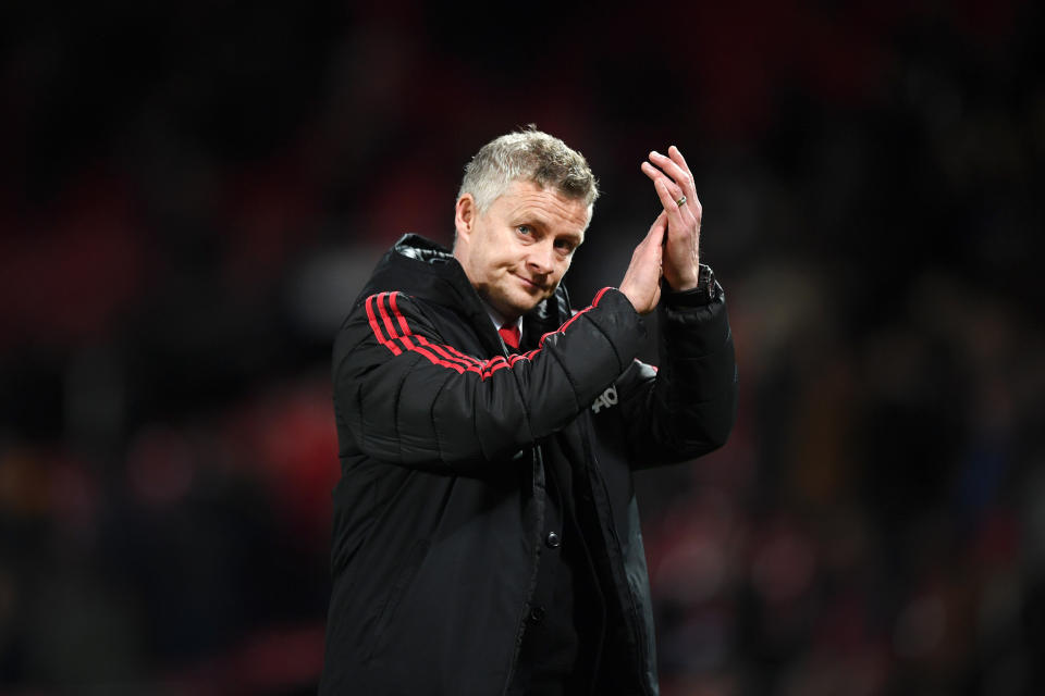 Ole Gunnar Solskjaer, Manager of Manchester United applauds the vans after the Premier League match between Manchester United and Manchester City