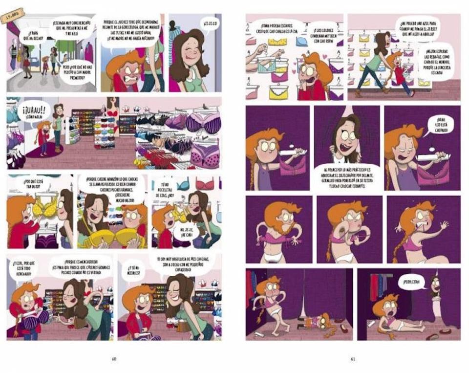 Dos páginas del cómic <em>Mi cuerpo esta loco</em>, de Séverine de la Croix y Pauline Roland. <a href="https://penguinaula.com/es/libro/mi-cuerpo-esta-loco-un-comic-para-sobrevivir-a-tus-hormonas-mes-087134/" rel="nofollow noopener" target="_blank" data-ylk="slk:Penguin Libros;elm:context_link;itc:0;sec:content-canvas" class="link ">Penguin Libros</a>