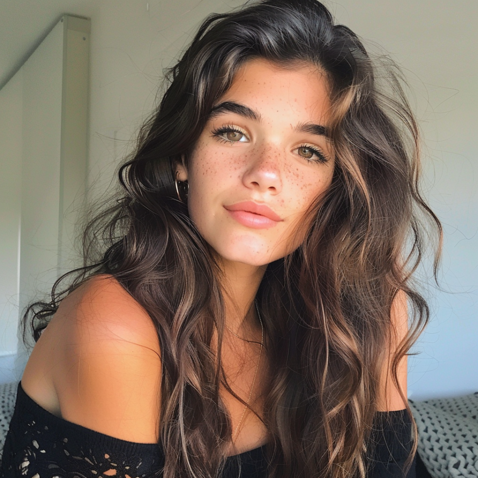 Young woman with shoulder-length wavy hair and freckles, looking at the camera