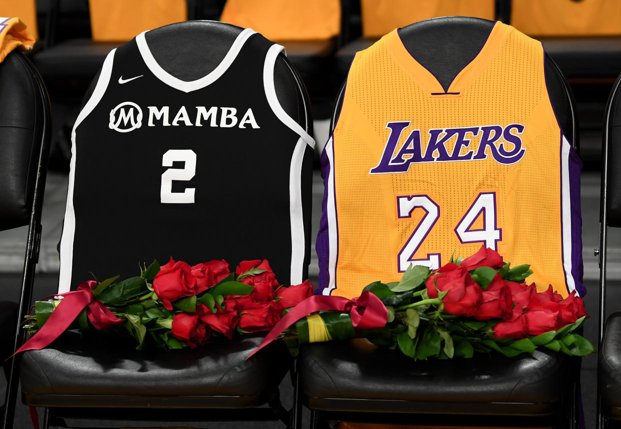 LOS ANGELES, CALIFORNIA - JANUARY 31:  The Los Angeles Lakers honor Kobe Bryant and daughter Gigi by covering the courtside seats they occupied with flowers, Gigi's #2 Mamba jersey and Kobe's #24 jersey before the game against the Portland Trail Blazers at Staples Center on January 31, 2020 in Los Angeles, California. (Photo by Harry How/Getty Images)