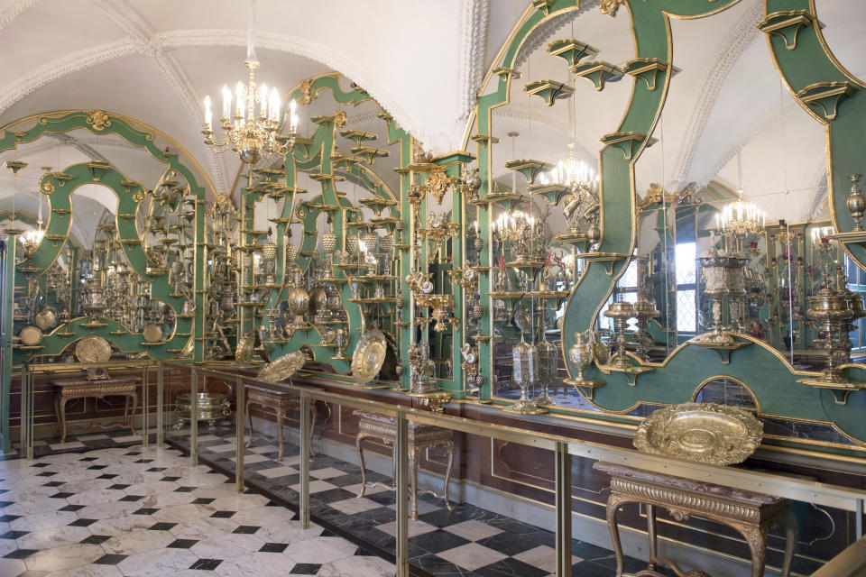 This Tuesday April 4, 2019 photo shows a part of the collection at Dresden's Green Vault in Dresden. Authorities in Germany say thieves have carried out a brazen heist at Dresden’s Green Vault, one of the world’s oldest museum containing priceless treasures from around the world. (Sebastian Kahnert/dpa via AP)