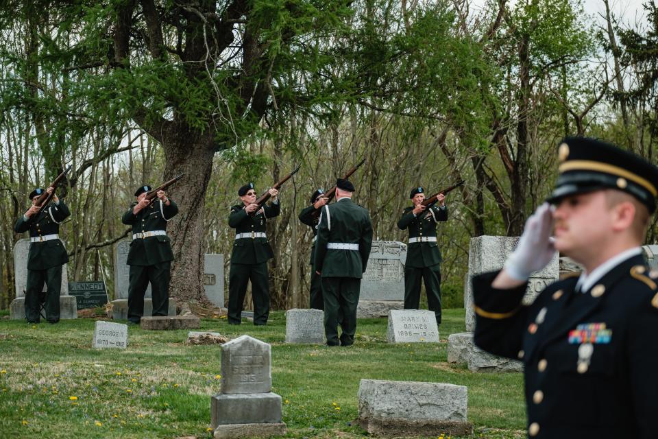 A gun-salute is given for World War II Veteran William Clyde Garner in April 2023 at Patterson-Union Cemetery in Deersville.
