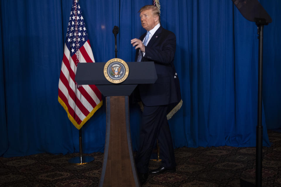 President Donald Trump arrives to deliver remarks on Iran, at his Mar-a-Lago property, Friday, Jan. 3, 2020, in Palm Beach, Fla. (AP Photo/ Evan Vucci)