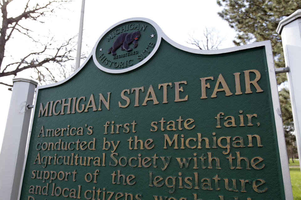 A Michigan Historical Site sign is displayed at the Michigan State Fairgrounds in Detroit, Monday, April 9, 2012. During a bill signing ceremony at the fairgrounds, Gov. Rick Snyder signed legislation that returns the fairgrounds in Detroit to productive use. (AP Photo/Carlos Osorio)