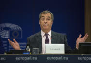 Brexit Party leader Nigel Farage speaks during a media conference at the European Parliament in Brussels, Wednesday, Jan. 29, 2020. The U.K. is due to leave the EU on Friday, Jan. 31, 2020, the first nation in the bloc to do so. It then enters an 11-month transition period in which Britain will continue to follow the bloc's rules while the two sides work out new deals on trade, security and other areas. (AP Photo/Virginia Mayo)