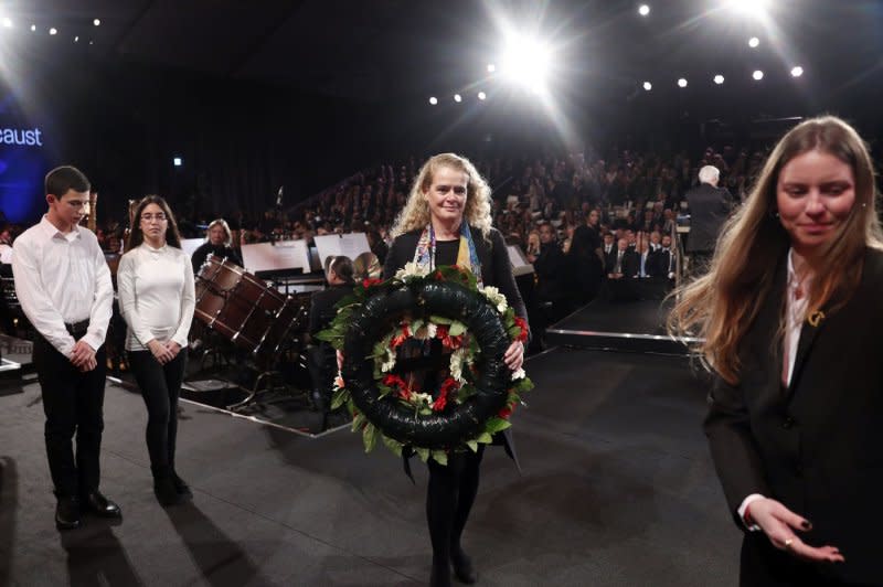 Canada's then-governor-general, Julie Payette, takes part in a wreath-laying ceremony at the World Holocaust Forum in Jerusalem on January 23, 2020. The former astronaut turns 60 on October 20. File Pool Photo by Ronen Zvulun/UPI