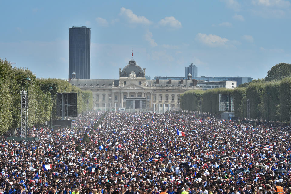 <p>General view of the Fan Zone before the World Cup Final, France against Croatia, at the Champs de Mars on July 15, 2018 in Paris, France. (Getty Images) </p>
