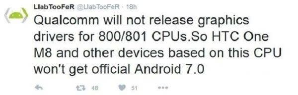 採用高通S800、S801處理器裝置無緣升級Android 7.0
