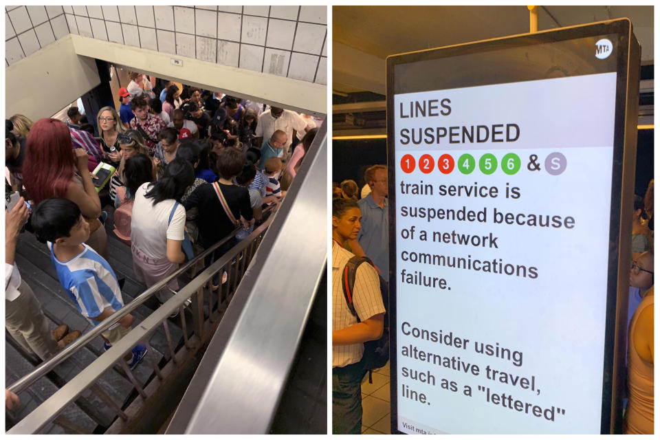 In this photo combo of images provided by Kenneth Ferrone, commuters fill the stairs and line the platform at a New York City subway station, at left, and a digital sign on a New York City subway platform warns commuters of a service disruption on several lines, Friday, July 19, 2019, in New York. The Metropolitan Transportation Authority says that the agency is working to resolve the issue affecting the Nos. 1, 2, 3, 4, 5 and 6 trains as well as the S shuttle train that links Grand Central Terminal and Times Square. It blames the suspension on a network communications problem. (Kenneth Ferrone via AP)