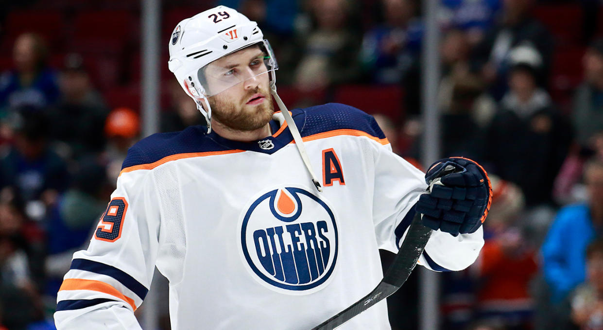 VANCOUVER, BC - DECEMBER 23: Leon Draisaitl #29 of the Edmonton Oilers skates up the ice during warmup before their NHL game against the Vancouver Canucks at Rogers Arena December 23, 2019 in Vancouver, British Columbia, Canada. (Photo by Jeff Vinnick/NHLI via Getty Images) 