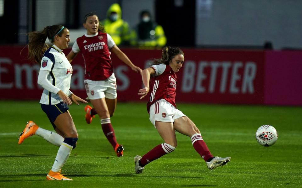 Arsenal's Lisa Evans scores her side's third goal of the game during the FA Cup game  - PA/Tess Derry 