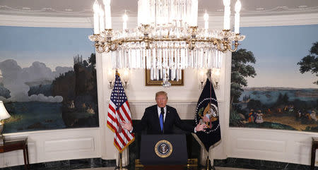 U.S. President Donald Trump speaks about Iran and the Iran nuclear deal in the Diplomatic Room of the White House in Washington, U.S., October 13, 2017. REUTERS/Kevin Lamarque