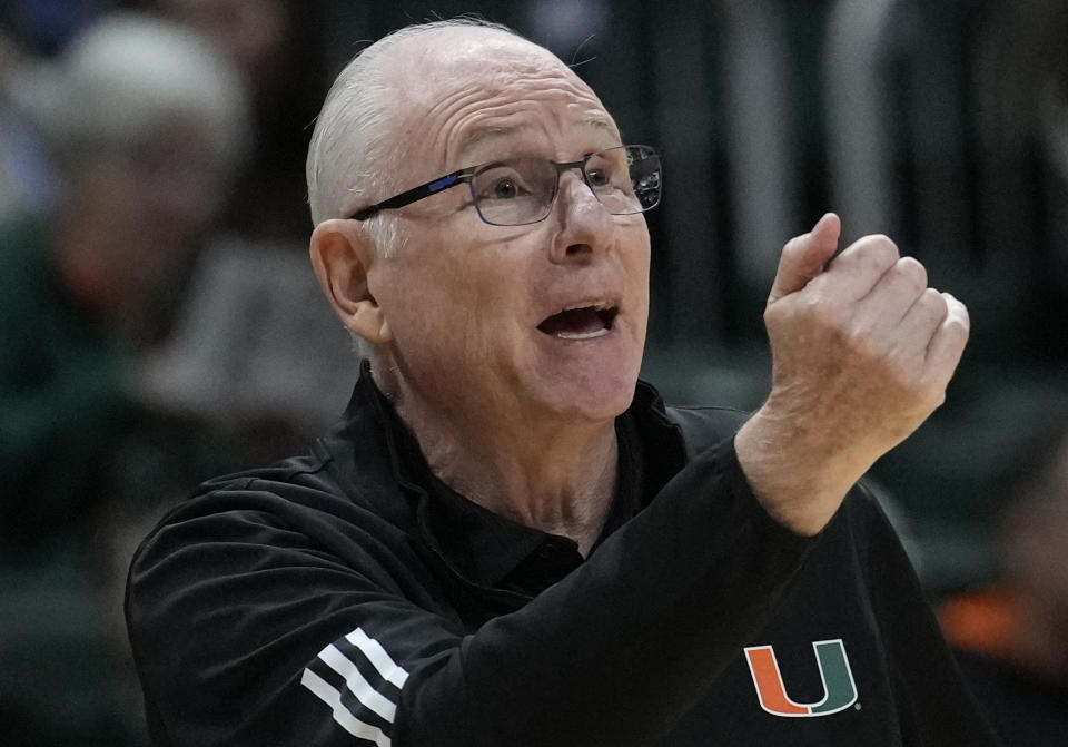 FILE - Miami coach Jim Larranaga directs players during the second half of an NCAA college basketball game against LIU Brooklyn in Coral Gables, Fla., Wednesday, Dec. 6, 2023. Larranaga, Lon Kruger, Fran Dunphy and Dianne Nolan are this year’s recipients of the Joe Lapchick Character Award. (AP Photo/Rebecca Blackwell, File)
