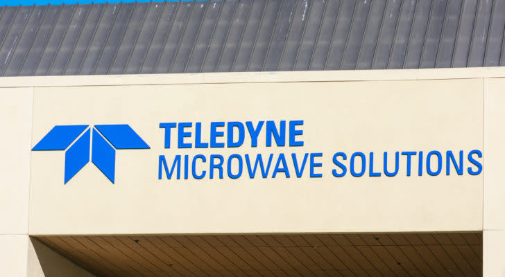 The logo for Teledyne (TDY) is seen on the side of a building.